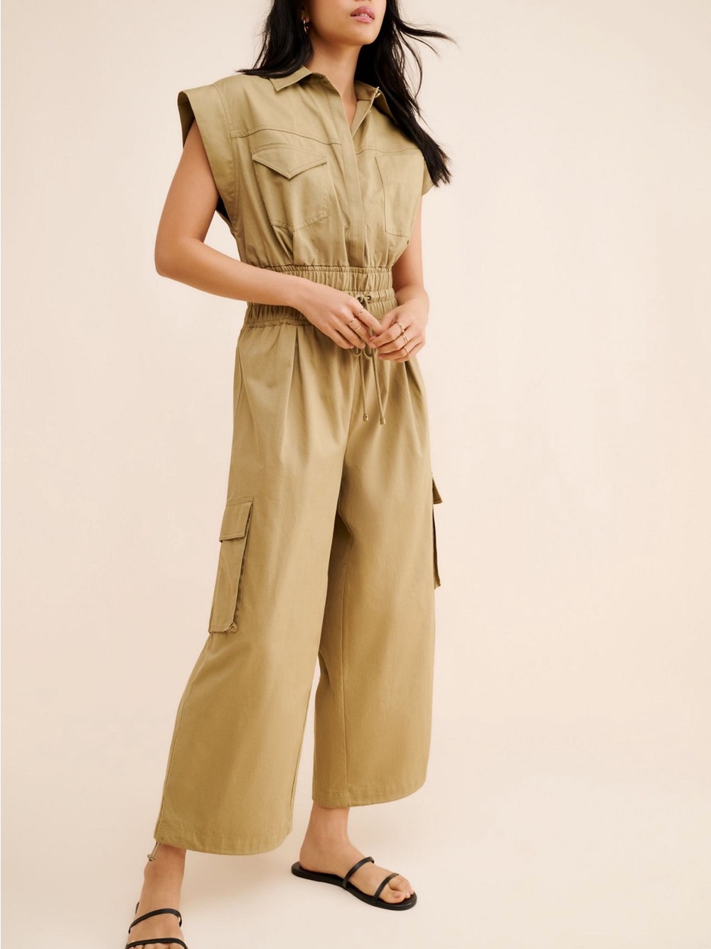 FARM Rio Olive Khaki Utility Jumpsuit with Cargo Pockets